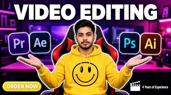 [Format]
Landscape 16:9 gig cover, photo cut-out of a person on a colourful blurred interior with floating glossy app badges and one huge headline line. Clean composite finish with white outline glow around the subject. No watermark, no personal names.

[Layout]
A young man sits centered in a black-and-red gaming chair, waist-up, filling the middle of the frame, both arms spread wide open with palms up, outlined in a thin white glow that separates him from the background. The background is a blurred purple-and-pink gaming/streaming room with shelves, monitors and a pink-lit desk. Four glossy rounded-square software badges float in mid-air: two to the left of his left hand and two to the right of his right hand, at chest height, slightly tilted. One huge headline line runs across the top of the frame in front of the blurred room. A small yellow call-to-action pill sits at the bottom-left corner; a small experience note with a clapperboard icon sits at the bottom-right.

[Subject]
A young man in his early twenties, short dark hair, light beard and moustache, wearing a bright yellow hoodie printed with a large black smiley face, seated in a red-and-black gaming chair, arms open in a presenting gesture, calm neutral expression looking at the camera.

[Headline]
(1) Top: "VIDEO EDITING" in enormous white extra-bold sans caps with soft shadow, spanning nearly the full width. (2) Bottom-left: a yellow rounded pill with white caps "ORDER NOW". (3) Bottom-right: small white text "4 Years of Experience" beside a tiny white clapperboard icon.

[Badges]
Four glossy rounded-square pro-app badges floating beside his hands: to the left, the Adobe Premiere Pro mark, a deep-purple tile with a light "Pr", and the After Effects mark, a dark-blue tile with a light "Ae"; to the right, the Photoshop mark, a dark-navy tile with a light blue "Ps", and the Illustrator mark, a dark-orange tile with a light "Ai". Tiny clapperboard icon bottom-right.

[Mood]
Violet-pink room wash against the yellow hoodie, playful creator-studio energy. At thumbnail size the white headline, yellow hoodie and four floating badges are the read.