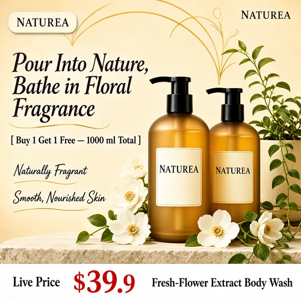 [Format] Professional e-commerce product main image, square 1:1, warm botanical bath-essence style. [Colors] Sun-washed beige backdrop #e9dcc3 with arching golden line ornaments, translucent amber bottles #d9a860 with black pumps, dark brown headline type, a white footer band, a red price numeral, a cream potted plant and white flowers, no frame border. [Layout] Logo chip top-left with small serif brand marks top-right, a two-line headline upper left with a bracketed offer line beneath, two script benefit tags mid-left, the twin bottles on the right, a white flower at their base, and a white banner strip along the bottom. [Subject] Two tall frosted-amber pump bottles of body wash, the front one larger, labeled with a serif wordmark, standing on a stone ledge beside soft white blossoms and trailing greenery. [Headline] Pour Into Nature, Bathe in Floral Fragrance in brush-serif brown letters; the bracketed line reads Buy 1 Get 1 Free — 1000 ml Total; script tags note Naturally Fragrant and Smooth, Nourished Skin; the white band gives Live Price $39.9 in red and Fresh-Flower Extract Body Wash. [Badges] No separate claim pills; the two script tags serve as the benefit markers. [Mood] Calm, perfumed and gracefully natural, like a quiet spa ritual in golden light.