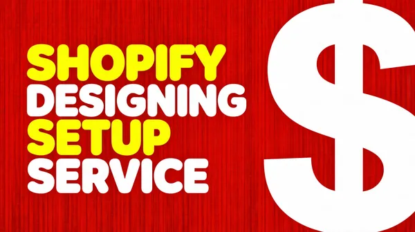 [Format]
Professional Fiverr gig cover, landscape 16:9 banner, minimal flat typographic style with one oversized symbol. No watermark, no personal names.

[Layout]
A flat warm red full-bleed background with a very subtle vertical grain. The left two-thirds carry four stacked lines of display type; the right third is dominated by a giant white dollar sign that bleeds off the top, right and bottom edges.

[Subject]
No people; no devices; a pure type-and-symbol composition.

[Headline]
Stacked on the left in a very heavy rounded sans-serif, alternating colours line by line: "SHOPIFY" in bright yellow, "DESIGNING" in white, "SETUP" in bright yellow, and "SERVICE" in white — all in caps, left-aligned, with tight leading.

[Graphic accents]
The enormous flat white "$" symbol on the right, cropped by the frame, its curved bars filling the full height of the cover.

[Mood]
Blunt, money-focused and minimal; flat red with alternating yellow-and-white caps and a single giant dollar sign doing all the visual work.