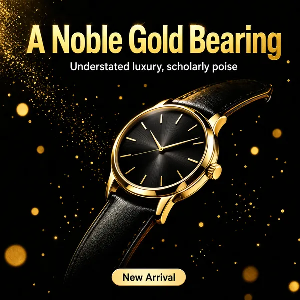 [Format]
Professional e-commerce product main image, square 1:1, black-and-gold luxury watch promo with drifting particles.

[Colors]
Background deep black #0d0b08 scattered with gold dust particles and bokeh; accents metallic gold, with warm golden light kissing the case edges and wide black margins framing the composition; No frame border.

[Layout]
The two-line headline sits in the upper third with fine gold dust drifting through the lettering; the watch tilts diagonally across the centre-right leaving dark breathing room around it; a small gold pill sits beneath it near the bottom edge.

[Subject]
A minimalist men's wristwatch with a black sunray dial, thin gold hands and baton markers, a polished gold case and crown, and a black leather strap, floating at a dynamic tilt with sharp specular highlights running along the polished bezel and a faint warm reflection tracing the strap edge, set against a bokeh of blurred golden sparks at different depths. No people.

[Headline]
"A Noble Gold Bearing" in heavy gold caps; beneath, "Understated luxury, scholarly poise" in smaller white. Bottom gold pill: "New Arrival" in black on pale gold.

[Mood]
Opulent and composed; black lacquer depth with gold dust, refined display type and a quietly powerful presence.