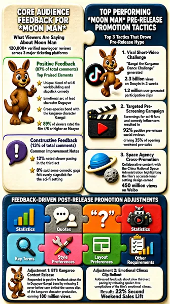 The infographic is titled "CORE AUDIENCE FEEDBACK FOR *MOON MAN*" and "TOP PERFORMING *MOON MAN* PRE-RELEASE PROMOTION TACTICS" at the top, split into two main vertical sections that resemble puzzle pieces. Below them, a third section labeled "FEEDBACK-DRIVEN POST-RELEASE PROMOTION ADJUSTMENTS" spans the full width. The entire design uses a clay-like, 3D puzzle aesthetic with rounded edges and textured colors, giving it a tactile, playful feel.

---

**Top Left Section: What Viewers Are Saying About Moon Man**  
This section presents aggregated data from 120,000+ verified moviegoer reviews across 3 major ticketing platforms. It is divided into two colored subsections:

- **Positive Feedback (87% of total comments)** – Displayed in green with a thumbs-up icon.
  - Top Praised Elements (each marked with a gold star):
    - Unique blend of sci-fi worldbuilding and slapstick comedy
    - Emotional arc of lead character Duguyue
    - Cross-species bond with the kangaroo character Gangzi
    - 89% of viewers rated the film 4/5 or higher on Maoyan
  - Visual elements include a small clay kangaroo figure.

- **Constructive Feedback (13% of total comments)** – Displayed in purple with an exclamation mark speech bubble icon.
  - Common Improvement Notes (each marked with a gold star):
    - 12% noted slower pacing in the third act
    - 8% said some comedic gags felt overly slapstick for the sci-fi setting

---

**Top Right Section: Top 3 Tactics That Drove Pre-Release Hype**  
This section lists three key promotion strategies with icons and specific metrics:

1. **Viral Short-Video Challenge**  
   - Icon: TikTok logo (black circle with red and white musical note) and a clay kangaroo figure.  
   - Details:
     - The “Gangzi the Kangaroo Dance Challenge” generated
       - 2.3 billion views on Douyin in 2 weeks
       - 1.2 million user-generated participation clips

2. **Targeted Pre-Screening Campaign**  
   - Icon: Clapperboard with a red play button.  
   - Details:
     - Screenings for sci-fi fans and comedy influencers resulted in
       - 92% positive pre-release social reviews
       - driving 35% of opening weekend pre-sales

3. **Space Agency Cross-Promotion**  
   - Icon: Blue planet with rings and a gray moon.  
   - Details:
     - Collaborative content with the China National Space Administration highlighting the film’s accurate lunar setting design earned
       - 450 million views on Weibo

---

**Bottom Section: How Audience Feedback Improved Post-Release Results**  
This section is visually represented as a grid of eight colorful puzzle pieces arranged in two rows of four, each labeled with a category and an icon:

- Row 1:
  - **Statistics** (blue piece with bar chart icon)
  - **Quotes** (gray piece with speech bubbles and person icon)
  - **“?”** (orange piece with quotation marks and question mark — likely placeholder or symbolic)
  - **Statistics** (red piece with robot holding camera icon)

- Row 2:
  - **Key Terms** (light blue piece with magnifying glass over text icon)
  - **Style Preferences** (pink piece with wrench and paintbrush icon)
  - **Layout Preferences** (green piece with grid layout icon)
  - **Other Requirements** (dark blue piece with checklist and graph icon)

Below this grid are two adjustment strategies:

- **Adjustment 1: BTS Kangaroo Content Release**  
  - Responded to positive feedback about the Duguyue-Gangzi bond by releasing 3 never-before-seen behind-the-scenes clips of the kangaroo character production, earning 180 million views.

- **Adjustment 2: Emotional Climax Clip Rollout**  
  - Addressed feedback about slow third-act pacing by releasing spoiler-free compilations of the film’s emotional climax.  
  - Result: 22% Second Weekend Sales Lift

---

The infographic uses consistent visual metaphors—puzzle pieces symbolizing interconnected components of marketing and feedback—and employs color-coding (green for positive, purple for constructive, blue/green/red for tactics, etc.) to differentiate content areas. All text is in English, with no non-English terms except for platform names like “Douyin,” “Maoyan,” and “Weibo.” The font is bold and sans-serif, enhancing readability. The overall structure emphasizes how audience insights directly informed strategic promotional changes, creating a feedback loop between viewers and marketing efforts.