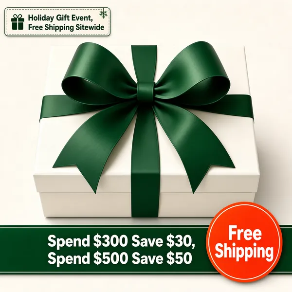 [Format]
Professional e-commerce product main image, square 1:1, minimalist holiday gift icon featuring a white gift box with an oversized ribbon bow on a plain light background.
[Colors]
Soft off-white and pale grey gift box, deep green ribbon banner, bright orange-red circular badge.
[Layout]
Green ribbon banner across the lower third with white offer text, round badge overlapping on the right, small festival corner tag at the top.
[Subject]
One elegant white gift box with a large sculpted bow, kept clean as a universal holiday-sale graphic.
[Headline]
"Holiday Gift Event, Free Shipping Sitewide".
[Badges]
Green banner reading "Spend $300 Save $30, Spend $500 Save $50" inside an orange "Free Shipping" circle.
[Mood]
Festive, generous and clean, seasonal promotion graphic energy.