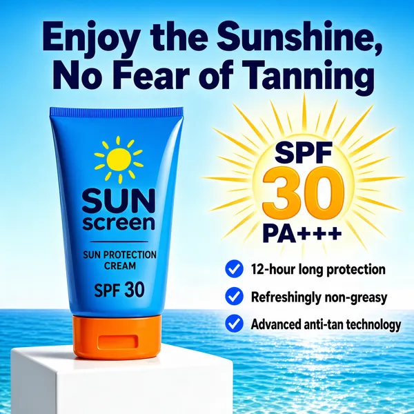 [Format]
Professional e-commerce product main image, square 1:1, bright summer sun-care advertising with clean studio realism.

[Colors]
Sky-blue gradient background (#bfe4f7 to #7ec3ea) with a sunlit ocean horizon across the bottom third; vivid orange cap and golden sun graphic as warm accents; navy display type. No frame border.

[Layout]
A white display plinth sits lower-left carrying the product; the headline spans the top; the right column holds a large SPF claim with a radiating sun behind it, then three checkmark feature lines running down the right side.

[Subject]
No people. A glossy blue squeeze tube of sunscreen with an orange flip cap, printed with a hand-drawn yellow sun doodle, the wordmark "SUN screen" and "SUN PROTECTION CREAM" with an SPF 30 note; standing upright on a white square pedestal, sharp studio light, crisp soft shadow.

[Headline]
Across the top in bold navy display lettering: "Enjoy the Sunshine, No Fear of Tanning". Right column: "SPF 30 PA+++" with the 30 oversized in golden orange; below it three lines each led by a blue check mark: "12-hour long protection", "Refreshingly non-greasy", "Advanced anti-tan technology".

[Badges]
No badges; the check-list row carries the claims.

[Mood]
Fresh, sunny and trustworthy; cool blues with a warm orange glow, clean staging that stays readable at thumbnail size.