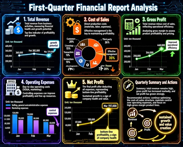 This infographic is titled "First-Quarter Financial Report Analysis," uses a deep blue technological background with circuit-board textures, and its overall layout is divided into six colored modules arranged in a 2x3 grid. Each module uses a different dominant color (blue, orange, green, purple, gold, brown) to distinguish its theme, and contains an icon, title, concept explanation, importance/impact description, chart, and data labels, with a modern and professional visual style. --- **Module 1: Total Revenue (blue)** - **Title**: 1. Total Revenue - **Icon**: an upward arrow with stacked coins and a money bag symbol - **Concept**: total revenue from business activities, measuring financial health and growth potential. - **Importance**: the top-line indicator of profitability and growth. - **Chart type**: line chart, X-axis showing months (Jan, Feb, Mar), Y-axis showing amounts (unit: ten thousand) - **Data points**: - Jan: 360,000 - Feb: 382,000 - Mar: 370,000 - **Label**: beside the Mar data point is a "growth potential" label pointing to an upward arrow. --- **Module 2: Cost of Sales (orange)** - **Title**: 2. Cost of Sales - **Icon**: a set of gears with a dollar tag bearing a downward arrow - **Concept**: direct production costs (materials, labor, expenses). - **Impact**: effective management is the key to maintaining profitability. - **Chart type**: donut chart with a black center, the outer ring divided into segments showing cost composition - **Data composition** (clockwise direction): - Third party: 26% (icon: document plus dollar sign) - In-house: 20% (icon: human figure plus plus sign) - Effective management: 35% (highlighted, no specific icon, but a callout box points to it) - Development: 9% (icon: document plus pen) - Licensing fees: 15% (icon: document plus dollar sign) - Transactions: 15% (icon: hand holding a dollar sign) - Customers: 20% (icon: human figure) - **Note**: the percentages of the parts sum to 130%, which may indicate that "effective management" is an optimization goal rather than an actual share of costs, or that there is data overlap or overlapping categories. --- **Module 3: Gross Profit (green)** - **Title**: 3. Gross Profit - **Icon**: a calculator plus a plus sign, and a rising bar chart - **Concept**: total revenue minus cost of sales, reflecting operational efficiency. - **Practical application**: analyzing gross margin to assess product profitability and pricing. - **Chart type**: line chart, X-axis showing months (Jan, Feb, Mar), Y-axis showing amounts (unit: ten thousand) - **Data points**: - Jan: 318,000 - Feb: 344,000 - Mar: 448,000 - **Label**: beside the Mar data point is an "improved operational efficiency" label pointing to an upward arrow. --- **Module 4: Operating Expenses (purple)** - **Title**: 4. Operating Expenses - **Icon**: an office building (marked OFFICE) and a money bag with a minus sign - **Concept**: day-to-day operating costs (SG&A, marketing). - **Importance**: controlling expenses can improve profitability and free up resources. - **Chart type**: grouped bar chart, X-axis showing months (Jan, Feb, Mar), Y-axis showing amounts (unit: ten thousand) - **Legend**: - Blue: selling, general and administrative expenses - Purple: marketing expenses - **Data points** (estimated values based on the relative proportion of bar heights): - Jan: - Selling, general and administrative expenses: about 120,000 - Marketing expenses: about 90,000 - Feb: - Selling, general and administrative expenses: about 110,000 - Marketing expenses: about 80,000 - Mar: - Selling, general and administrative expenses: about 80,000 - Marketing expenses: about 60,000 - **Label**: above the Mar bars is a "control expenses" label pointing to the downward trend. --- **Module 5: Net Profit (gold)** - **Title**: 5. Net Profit - **Icon**: a crown, stacked gold coins, and an upward arrow - **Concept**: the final profit after deducting all expenses, representing bottom-line profitability. - **Conclusion**: sustained growth is a sign of company health and value. - **Chart type**: line chart, X-axis showing months (Jan, Feb, Mar), Y-axis showing amounts (unit: ten thousand) - **Data points**: - Jan: 87,000 - Feb: 100,000 - Mar: 197,000 - **Label**: beside the Mar data point is a "bottom-line profitability, a sign of company health" label pointing to a glowing data point. --- **Module 6: Quarterly Summary and Actions (brown)** - **Title**: Quarterly Summary and Actions - **Icon**: a compass and a bullseye - **Text content**: - **Summary**: total revenue remains high, gross profit has increased markedly, and net profit has grown strongly. - **Recommended actions**: continue optimizing the cost-of-sales structure, maintain control over operating expenses, and focus on high-gross-margin product lines. - **Flowchart**: three circular icons (corresponding to revenue, profit, and goals respectively) are connected by arrows to a large circle on the right, "sustained growth and value creation," forming a closed-loop feedback path. --- **Overall design features**: - A unified dark background with bright borders is used to enhance contrast. - Each module has a number and title at the top, giving a clear structure. - All charts are equipped with explicit axis labels and data-point values. - The text layout is concise, with key information highlighted in label boxes. - The color scheme is tied to the themes (for example, green for growth and purple for expense control).