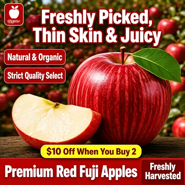 [Format]
Professional e-commerce product main image, square 1:1, crisp apple close-up with red promo frame.

[Colors]
Soft red blurred orchard background; deep-red apples with green leaves; white headline with red outline; red corner ribbon blocks; yellow coupon chip; red bottom band; No frame border.

[Layout]
Logo chip top-left; giant two-line headline across the top; two red stacked claim chips on the left; a huge apple with a leaf fills the center-right with a cut wedge lower-left; yellow pill chip above the bottom; red band along the bottom split into a product name and a corner note block.

[Subject]
A large glossy red-striped Fuji apple with a fresh green leaf, a cut wedge showing creamy white juicy flesh in the foreground, blurred apple rows behind.

[Headline]
White-red text "Freshly Picked, Thin Skin & Juicy"; red chips "Natural & Organic" and "Strict Quality Select"; yellow chip "$10 Off When You Buy 2"; bottom red band "Premium Red Fuji Apples" with corner block "Freshly Harvested".

[Badges]
Red claim chips, yellow coupon chip, corner note block.

[Mood]
Crisp, mouthwatering orchard freshness with confident quality claims.
