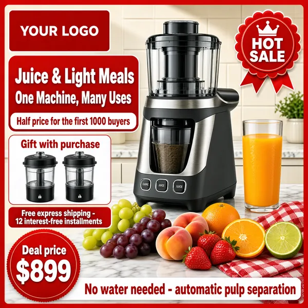 [Format]
Professional e-commerce product main image, square 1:1, high-energy red kitchen-appliance promo with layered promo cards.

[Colors]
Cream and light-grey kitchen backdrop framed by a bright red promo border; red panel cards, matte charcoal appliance, vivid fresh-fruit color, white and yellow type. No frame border beyond the red frame graphic.

[Layout]
The left column stacks promo cards - a logo card, a red title card and a gift card; the juicer dominates the right two-thirds; a fruit spread fills the lower right; a price medallion sits bottom-left beside a white claim bar.

[Subject]
No people. A matte black-and-stainless centrifugal juicer with a tall feed chute and transparent lid, a tall glass of orange juice beside it, surrounded by grapes, peaches, strawberries, oranges and a lime on a marble counter with a folded red-check cloth; bright commercial lighting.

[Headline]
Red rounded card top-left: "YOUR LOGO" lockup, then heavy white display type "Juice & Light Meals" over "One Machine, Many Uses", above a slim white pill "Half price for the first 1000 buyers". Lower-left red disc: "Deal price $899". Bottom white bar in red caps: "No water needed - automatic pulp separation".

[Badges]
A red rosette "HOT SALE" badge with crown at top right; a white gift card reading "Gift with purchase" above two mini chopper cups; a slim strip "Free express shipping - 12 interest-free installments".

[Mood]
Busy, festive and persuasive; saturated red framing with fresh fruit color and confident promo type.