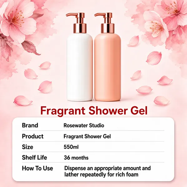 [Format]
Professional e-commerce product main image, square 1:1, soft romantic bath-care info-card style.

[Colors]
Blush-pink watercolour background in the #f7dbe4 range with painted pink blossoms and drifting petals, rose-gold pump accents, a clean white info card; no frame border.

[Layout]
Two pump bottles stand centred in the upper half; the product name sits directly beneath them; a large white rounded info card fills the lower half with five tidy label-value rows; watercolour blossoms bleed in from the top corners.

[Subject]
Centre: two slender cylindrical shower-gel bottles with rose-gold dispensing pumps, one white and one peachy pink, standing close together against the blossom backdrop with a soft even glow.

[Headline]
Beneath the bottles: "Fragrant Shower Gel" in medium red sans-serif; on the white card, five label-value rows in dark grey: "Brand" with the studio name, "Product" reading "Fragrant Shower Gel", "Size" reading "550ml", "Shelf Life" reading "36 months", and "How To Use" reading "Dispense an appropriate amount and lather repeatedly for rich foam".

[Badges]
None; the card carries only the plain spec rows.

[Mood]
Gentle, feminine and informative; pastel blossoms with tidy product-sheet typography and a calm pink glow.