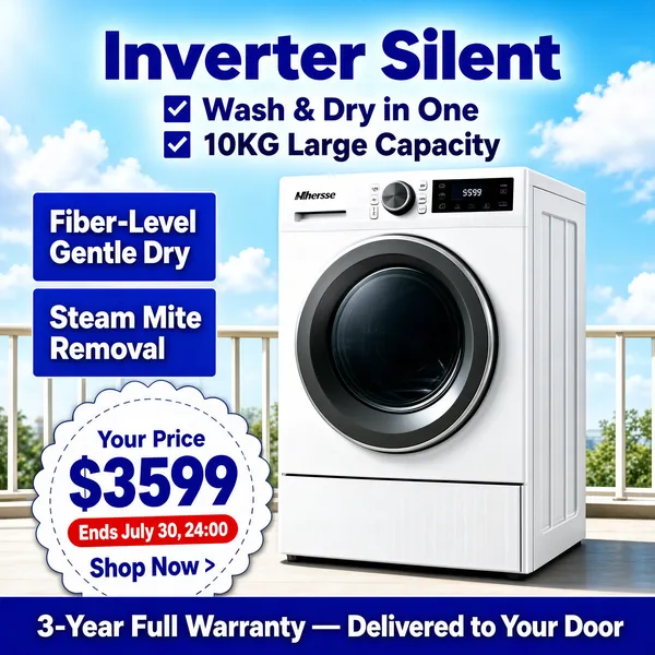 [Format]
Professional e-commerce product main image, square 1:1, fresh blue-sky appliance advertising style with a balcony-fresh backdrop and deal-sealed footer.

[Colors]
Bright sky-blue background (#8ec7e6 range) with soft white clouds up top and a light balcony rail behind; primary accent deep cobalt blue for type; white product body with a dark charcoal door ring; a blue footer band closes the bottom; No frame border.

[Layout]
The headline sits top-centre with two check claims beneath; the washing machine stands centre-right; two blue feature tiles stack on the left edge; a large white price seal overlaps the bottom-left; the blue footer band spans the bottom.

[Subject]
No people. A white front-load washing machine with a broad porthole door ringed in graphite grey, a slim digital control panel with buttons and a dial across the top, a discreet brand wordmark above the door and a small pedestal drawer below; bright daylight glances off its clean surfaces.

[Headline]
Top-centre: "Inverter Silent" in very heavy cobalt-blue caps. Beneath, two claims with blue check squares: "Wash & Dry in One" and "10KG Large Capacity". Left tiles in blue with white text: "Fiber-Level Gentle Dry" and "Steam Mite Removal".

[Badges]
Large white scalloped seal bottom-left: "Your Price" small in blue over "$3599" in huge blue numerals, a red pill inside reading "Ends July 30, 24:00", and "Shop Now >" beneath. Blue footer band: "3-Year Full Warranty — Delivered to Your Door" in bold white caps.

[Mood]
Bright, dependable and deal-clear; open-sky freshness with dense blue trust claims and a countdown urgency seal.