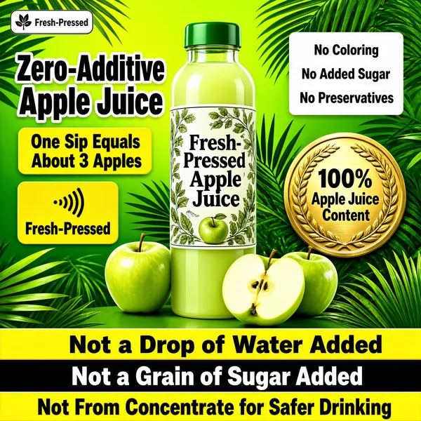 [Format] Professional e-commerce product main image, square 1:1, vivid green cold-pressed juice style. [Colors] Bright green gradient from #8fce4a to #4a9a2a with tropical leaves, clear bottle of pale-green juice, black and white display type, a yellow NFC block, a white spec card, a gold medal, a yellow price strip, no frame border. [Layout] Logo chip top-left, headline and tag on the left column with an NFC block beneath, a white four-line card upper right, the bottle center with apples at its base, a gold circular medal right of it, and stacked yellow and black banners along the bottom. [Subject] A clear juice bottle with a green cap and botanical-print label reading Fresh-Pressed Apple Juice, surrounded by green apples, one sliced open, and lush palm leaves. [Headline] Zero-Additive Apple Juice in bold black-outlined letters; a yellow tag notes One Sip Equals About 3 Apples; the white card lists No Coloring, No Added Sugar, No Preservatives; the bottom banners state Not a Drop of Water Added, Not a Grain of Sugar Added, Not From Concentrate for Safer Drinking. [Badges] A gold laurel medal declares 100% Apple Juice Content, and a yellow NFC block labels it Fresh-Pressed. [Mood] Crisp, verdant and additive-free proud, bursting with orchard energy.