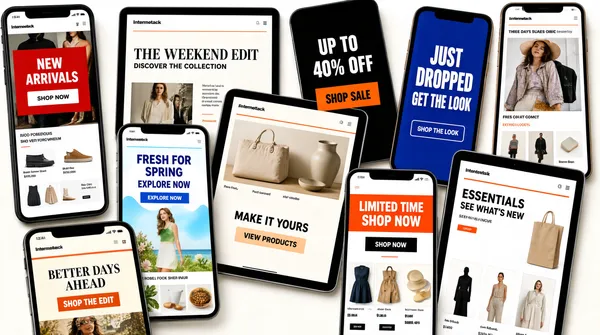 [Format]
Landscape 16:9 gig cover, flat-lay collage of smartphone and tablet mockups showing email newsletters. Clean digital mockup style, no watermark, no personal names.

[Layout]
The frame is filled with a diagonal scatter of tall phone and tablet screens arranged in overlapping rows, tilted at varying slight angles. The devices form an irregular multi-panel moodboard: roughly two main rows with several newsletter screenshots visible in each cell. There is no dominant headline plate; the layout relies on the variety of newsletter designs to communicate the service.

[Subject]
None — typographic and device only. The content consists of smartphone and tablet mockups displaying ecommerce email newsletter screenshots.

[Headline]
No dominant headline. Each device screen contains its own smaller headline text within the newsletter mockups, such as promotional banners, product titles, and call-to-action buttons, rendered in the styles of the respective templates.

[Badges]
Various small brand marks and product images appear inside the newsletter screenshots as generic client brand content. No trust seals or rating badges overlay the collage.

[Mood]
A varied palette drawn from the newsletter screenshots — reds, blacks, oranges, blues, and whites. Busy but professional, conveying volume and template variety; reads as a rich portfolio at thumbnail size.
