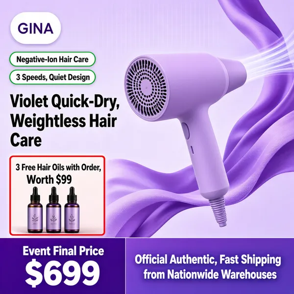 [Format]
Professional e-commerce product main image, square 1:1, elegant lavender hair-dryer promo with gift card.

[Colors]
Soft lilac background (#e6def5 range) with flowing purple ribbons; pastel violet dryer with lavender grille; black headline; purple price zone; red-outlined gift card; No frame border.

[Layout]
Logo chip top-left; two green-outlined pill tags beneath; two-line headline on the left; gift card with three mini bottles lower-left; dryer floats diagonally center-right with an airflow line; bottom band: purple price block left and violet banner right.

[Subject]
A matte lavender handheld hair dryer with a circular patterned air grille, curved handle and slim nozzle, shown tilted mid-air amid silky purple fabric waves.

[Headline]
Pills "Negative-Ion Hair Care" and "3 Speeds, Quiet Design"; big black text "Violet Quick-Dry, Weightless Hair Care"; gift card "3 Free Hair Oils with Order, Worth $99"; bottom purple "Event Final Price $699"; banner "Official Authentic, Fast Shipping from Nationwide Warehouses".

[Badges]
Two outlined pills, red-outlined gift card, logo chip.

[Mood]
Soft, graceful beauty-tech elegance with a violet breeze.