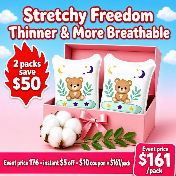 [Format]
Professional e-commerce product main image, square 1:1, sweet pastel mother-and-baby style with illustrated packs and soft clouds.

[Colors]
Background a candy pastel mix - sky blue in the upper zone (#cfe8f5 range) and pink below with an open pink gift box, white packs with mint-and-leaf prints, red, purple and white type; No frame border.

[Layout]
The headline across the top; a red flame-shaped coupon burst at upper-left; two printed packs leaning out of the pink gift box at centre-right; a fluffy cotton boll and a green sprig at the base; a pink price band with a coupon-math strip along the bottom.

[Subject]
No people. Two white nappy packs with cute cartoon prints - a bear cub, a leafy branch and a moon-and-star waistband design - propped in a pink gift box with a ribbon bow, a fluffy white cotton boll in front.

[Headline]
Big red-outlined characters across the top: "Stretchy Freedom" over "Thinner & More Breathable". Red flame burst, white text: "2 packs save $50". Bottom math strip in pink: "Event price 176 - instant $5 off - $10 coupon = $161/pack". Pink tag at right: "Event price" small, "$161" huge white, "/pack" small.

[Mood]
Soft, cheerful and value-stacked; baby pastels with sticker-cute illustration and crystal-clear coupon math.