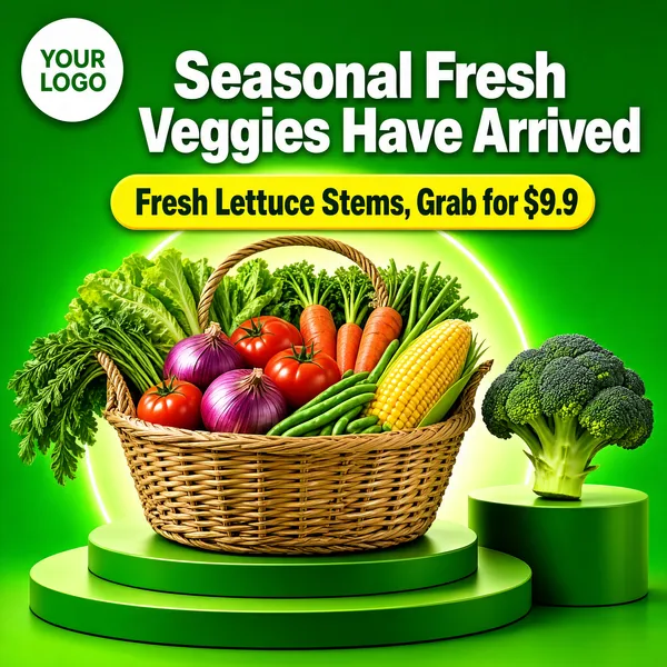 [Format]
Professional e-commerce product main image, square 1:1, lively green promo for a basket of seasonal vegetables.

[Colors]
Vibrant green background (#6cb52d range) with circular glow ring and layered green podium discs, white bold headline text, yellow deal banner, woven straw basket, glossy tomatoes and purple onions.

[Layout]
Logo chip top left, headline upper center, yellow pill banner below it, straw basket heaped with vegetables at center on a round podium, broccoli on a side podium at right.

[Subject]
A woven basket overflowing with red tomatoes, purple onions, carrots, corn, green beans and a cob, a head of broccoli resting on a neighboring pedestal.

[Headline]
Top: "YOUR LOGO" chip. Headline: "Seasonal Fresh Veggies Have Arrived" in heavy white sans-serif. Yellow banner: "Fresh Lettuce Stems, Grab for $9.9".

[Badges]
Round white logo chip top left; yellow price-grab banner under the headline.

[Mood]
Abundant, garden-fresh and eager, a farmers-market bargain rush.