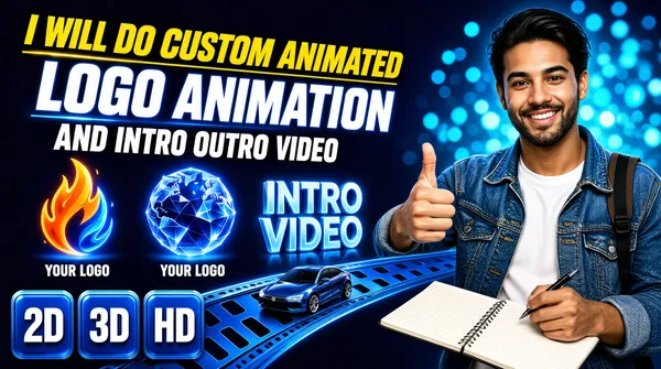 [Format] Landscape 16:9 gig cover, glossy cinematic 3D promo composite with a photographic cut-out presenter. Rich rendered finish with lens bokeh and glow effects. No watermark, no personal names.

[Layout] The frame splits roughly 65/35 between a deep-navy cinematic gradient field on the left and a photographic presenter on the right. The top-left quadrant carries a three-line headline stack in a slight diagonal cascade, each line a touch narrower than the one above. Beneath it runs a horizontal showcase band floating three animated-logo samples side by side — an orange-blue flame icon, a glowing 3D faceted globe, and a glowing 3D text lockup — each casting light downward onto a curved blue film-strip that sweeps across the bottom third of the frame like an orbital ring, with a small 3D car model riding it at center. The bottom-left corner holds a row of three small rounded-square format plates. The right third is filled edge-to-edge by the presenter, his notebook and arm overlapping into the lower showcase band, with bright cyan bokeh haze separating him from the dark left side. Depth comes from the glowing samples standing in front of the film strip and the bokeh field receding behind everything.

[Subject] A cheerful young man in his late twenties with dark swept-back hair and a short beard, denim jacket over a white t-shirt, backpack strap over one shoulder, waist-up at the right edge, smiling at camera and giving a thumbs-up with his right hand while his left hand holds a pen over an open spiral notebook at the bottom of the frame. Soft key light from the front left, bright blue bokeh behind him.

[Headline] First line, top-left: 'I WILL DO CUSTOM ANIMATED' in bold italic condensed caps, golden-yellow with a thin underline. Second line: 'LOGO ANIMATION' in very large extended white caps with a faint blue sheen. Third line: 'AND INTRO OUTRO VIDEO' in large white caps, slightly smaller. Under the flame sample a small white caps caption reads 'YOUR LOGO'; the globe sample repeats the same caption. The third sample is glowing icy-blue 3D text reading 'INTRO VIDEO'.

[Badges] Bottom-left: three glossy blue rounded-square plates with white bold caps reading '2D', '3D' and 'HD', the last one partially cropped by the frame edge.

[Mood] Deep navy and electric blue with golden-amber accents from the flame and headline; energetic, cinematic, high-contrast. At thumbnail size the huge white headline and the bright glowing samples pop hard against the dark field.