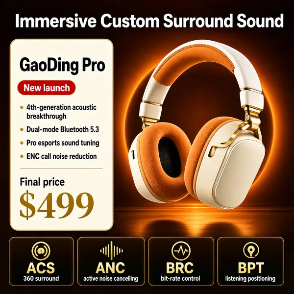 [Format]
Professional e-commerce product main image, square 1:1, premium esports-headphone advertising style with a moody orange-bronze palette.

[Colors]
A dark bronze-orange studio background (#5a3a22 range) with a glowing warm halo behind the headphones; cream, gold and white type on the left panel; the white-and-tan headphones with orange cushions are the hero; an icon strip anchors the bottom. No frame border.

[Layout]
The left third is a tall cream information panel with rounded corners holding the model name, a red "new launch" tag, four feature rows and a large price. The right two-thirds show the headphones floating centre-right in front of the warm glow. A headline line in white runs across the top of the panel area. The bottom edge is a dark icon bar with four acronym blocks and matching labels.

[Subject]
Premium over-ear headphones with cream-white cups, tan-orange plush ear cushions, a padded white headband with orange stitching and gold hinge accents, angled three-quarter with the earcups forward, floating slightly with soft reflections below.

[Headline]
Cream panel: "GaoDing Pro" in bold dark caps with a red pill "New launch" beside it. Four rows with bullet dots: "4th-generation acoustic breakthrough", "Dual-mode Bluetooth 5.3", "Pro esports sound tuning", "ENC call noise reduction". Price: "Final price $499" with "$499" huge in gold serif on the panel. Top headline: "Immersive Custom Surround Sound" in white.

[Badges]
Bottom icon row of four gold marks with small white caps: "ACS 360 surround", "ANC active noise cancelling", "BRC bit-rate control", "BPT listening positioning", each with a small label beneath.

[Mood]
Warm, esports-premium and immersive; bronze glow with cream-gold hardware, flagship-audio confidence at thumbnail size.