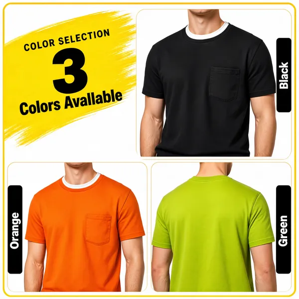 [Format]
Professional e-commerce product main image, square 1:1, energetic apparel colour-chart layout in a yellow-and-white palette.

[Colors]
Background is clean white with a slim yellow inner keyline frame; primary accents are a bright yellow paint-brush headline block, black panel captions, and the garment colours black, orange and lime. No frame border beyond the yellow keyline.

[Layout]
Upper-left: a diagonal yellow brush-stroke block with the colour-count headline. Upper-right: a tall rounded photo panel of a black tee with a black vertical tag on its right edge. Lower half: two rounded photo panels side by side, orange tee left and lime tee right, each with a black vertical colour tag on its outer edge.

[Subject]
Three crew-neck pocket tees in heavyweight matte cotton shown on white / Caucasian male torsos cropped at the neck and waist: a black tee with contrast white inner collar, a bright orange tee, and a lime-green tee photographed from the back; each panel neatly cropped.

[Headline]
On the yellow brush block: large black "3" with black caps "Colors Available" and small letterspaced "COLOR SELECTION" above. Vertical black tags with white characters: "Black" on the top panel, "Orange" and "Green" on the lower panels.

[Badges]
No badges; the brush block and tags carry all copy.

[Mood]
Punchy, streetwear-fresh and merchandising-clear; white ground, yellow splash energy and tidy colour-panel grid.