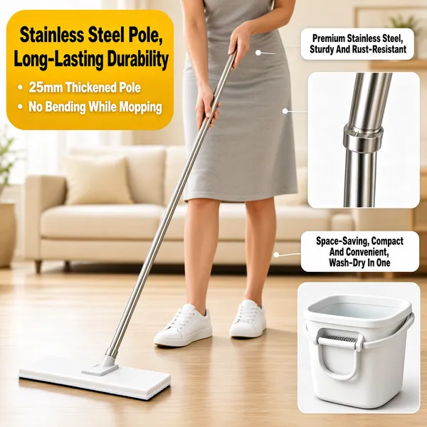 [Format]
Professional e-commerce product main image, square 1:1, clean household-tool demonstration style in a bright living room.

[Colors]
Soft beige-and-cream blurred living-room background with a pale sofa; a warm mustard-yellow (#e8b830) info panel; white and brown type; crisp white detail cards on the right. No frame border.

[Layout]
A yellow rounded panel upper left with the headline and bullets; the mopping figure standing centre; two white detail cards stacked on the right, each with a leader line to its caption pill; generous airy spacing throughout.

[Subject]
A white / Caucasian woman in a light grey dress and white sneakers, shown from the shoulders down and softly blurred, pushing a slim flat spray mop with a stainless steel handle across a pale wood floor in a bright living room.

[Headline]
On the yellow panel, bold dark characters "Stainless Steel Pole, Long-Lasting Durability" with two bullet lines: "25mm Thickened Pole" and "No Bending While Mopping". Right cards: top caption "Premium Stainless Steel, Sturdy And Rust-Resistant" above a photo of the pole joint; bottom caption "Space-Saving, Compact And Convenient, Wash-Dry In One" above a photo of the white mop bucket with wringer.

[Badges]
The two caption pills double as badges; no further graphics.

[Mood]
Light, practical and homey; an airy neutral interior with warm yellow highlights and clear detail callouts.