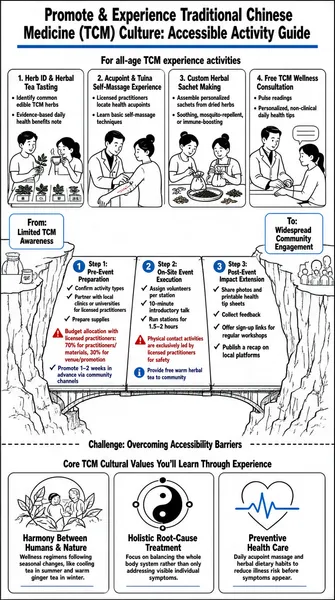 The infographic titled "Promote & Experience Traditional Chinese Medicine (TCM) Culture: Accessible Activity Guide" is designed for community events, school activities, and family workshops. It employs a clean, black-and-white line-art style with minimal color accents (blue and red) to highlight key information. The layout is structured into distinct sections, each clearly labeled and visually separated by borders and spacing.

At the top, under the heading "For all-age TCM experience activities," four numbered activities are presented in a horizontal row, each accompanied by a simple illustration and bullet-point description:

1. **Herb ID & Herbal Tea Tasting**: Illustration shows two people examining herbs and drinking tea. Text states it identifies common edible TCM herbs and includes an evidence-based daily health benefits note.
2. **Acupoint & Tuina Self-Massage Experience**: Illustration depicts a practitioner assisting a participant. Text mentions licensed practitioners locate health acupoints and teach basic self-massage techniques.
3. **Custom Herbal Sachet Making**: Illustration shows two people assembling sachets from dried herbs. Text describes assembling personalized sachets for soothing, mosquito-repellent, or immune-boosting purposes.
4. **Free TCM Wellness Consultation**: Illustration shows a practitioner taking a patient’s pulse. Text lists pulse readings and personalized, non-clinical daily health tips.

Below this, a central visual metaphor of a bridge spans between two cliffs labeled "From: Limited TCM Awareness" (left) and "To: Widespread Community Engagement" (right). The bridge represents the journey from awareness to engagement, divided into three steps:

- **Step 1: Pre-Event Preparation** (on the left cliff):
  - Confirm activity types
  - Partner with local clinics or universities for licensed practitioners
  - Prepare supplies
  - Budget allocation with licensed practitioners: 70% for practitioners/materials, 30% for venue/promotion (highlighted in red with a warning icon)
  - Promote 1–2 weeks in advance via community channels

- **Step 2: On-Site Event Execution** (centered on the bridge):
  - Assign volunteers per station
  - 10-minute introductory talk
  - Run stations for 1.5–2 hours
  - Red warning: Physical contact activities are exclusively led by licensed practitioners for safety
  - Blue note: Provide free warm herbal tea to community

- **Step 3: Post-Event Impact Extension** (on the right cliff):
  - Share photos and printable health tip sheets
  - Collect feedback
  - Offer sign-up links for regular workshops
  - Publish a recap on local platforms

Beneath the bridge, a dashed line separates the section titled "Challenge: Overcoming Accessibility Barriers."

At the bottom, under "Core TCM Cultural Values You’ll Learn Through Experience," three values are presented with icons and descriptions:

- **Harmony Between Humans & Nature** (icon: leaves and people): Wellness regimens following seasonal changes, like cooling tea in summer and warm ginger tea in winter.
- **Holistic Root-Cause Treatment** (icon: yin-yang with circles): Focus on balancing the whole body system rather than only addressing visible individual symptoms.
- **Preventive Health Care** (icon: heart with pulse): Daily acupoint massage and herbal dietary habits to reduce illness risk before symptoms appear.

The infographic uses consistent visual elements such as circular icons for steps, checkmarks for tasks, and speech bubbles for dialogue. Color is used sparingly but effectively: blue for positive/important notes, red for warnings or critical points. All text is legible and presented in a sans-serif font, ensuring accessibility and clarity. The overall design is educational, engaging, and practical, aimed at facilitating community involvement in TCM practices.