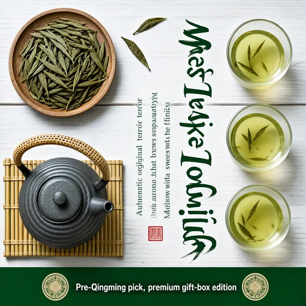 [Format]
Professional e-commerce product main image, square 1:1, refined tea-ceremony flat-lay style with an elegant vertical title and green frame band.

[Colors]
Background is whitewashed wood planking (#ece9e2 range) in cool daylight. Accents are deep leafy green (#3f7a3a range), pale jade tea liquor, bamboo mat tones, and a small red seal stamp. A solid green band closes the bottom edge.

[Layout]
A wooden plate of dry green leaves sits top-left; three glass cups of brewed tea step down the right side; a ribbed cast-iron teapot rests on a bamboo mat at lower left; two loose tea leaves fall near the top-centre. The title block is set vertically in the centre-right, read top to bottom, flanked by slim vertical caption lines and a red square seal.

[Subject]
No people. Visible items: a heaping plate of flat spear-shaped roasted green tea leaves, three handleless glass cups filled with pale chartreuse liquor, a grey ribbed teapot with a woven cane handle on a bamboo trivet, and scattered single leaves.

[Headline]
Centre-right, oversized vertical green brush-style characters spelling "West Lake Longjing" flowing downward. To its left, three slim vertical grey-green lines: "Authentic original terroir", "Rich aroma that brews repeatedly", "Mellow with a sweet finish". A small red seal with white marks sits below the captions.

[Badges]
The bottom green band carries white caps between two circular medallion motifs: "Pre-Qingming pick, premium gift-box edition".

[Mood]
Serene, artisanal and ceremonious; pale wood and jade-green tones with vertical calligraphic rhythm, premium tea-gift poise.