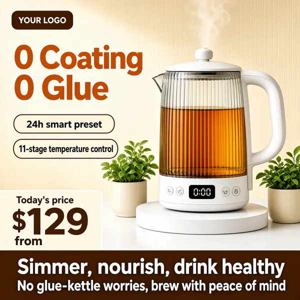 [Format]
Professional e-commerce product main image, square 1:1, clean cream kitchen-appliance style with soft daylight and small green plant props.

[Colors]
Background a warm cream-beige wall (#f2ead9 range) over a white counter, glass and amber-tea tones, orange-brown, brown and white type; No frame border.

[Layout]
A brown chip with "YOUR LOGO" top-left; the two-line headline upper-left; two brown-outlined pills beneath it; the kettle centre-right on a white plinth with small plants flanking the base; a cream price strip and a brown claim band along the bottom.

[Subject]
No people. A glass electric kettle with fine vertical ribbing filled with amber herbal tea, a white base carrying a small digital display reading "0:00" and touch buttons, white handle and lid knob, faint steam rising.

[Headline]
Big orange-brown characters: "0 Coating" over "0 Glue". Brown pills, dark text: "24h smart preset" and "11-stage temperature control". Cream strip: "Today's price" small, "$129" big brown, "from" small. Brown bottom bar, bold white with yellow accents: "Simmer, nourish, drink healthy" over a small line "No glue-kettle worries, brew with peace of mind".

[Mood]
Wholesome, calm and family-kitchen warm; creamy neutrals with amber glass glow and caring health messaging.