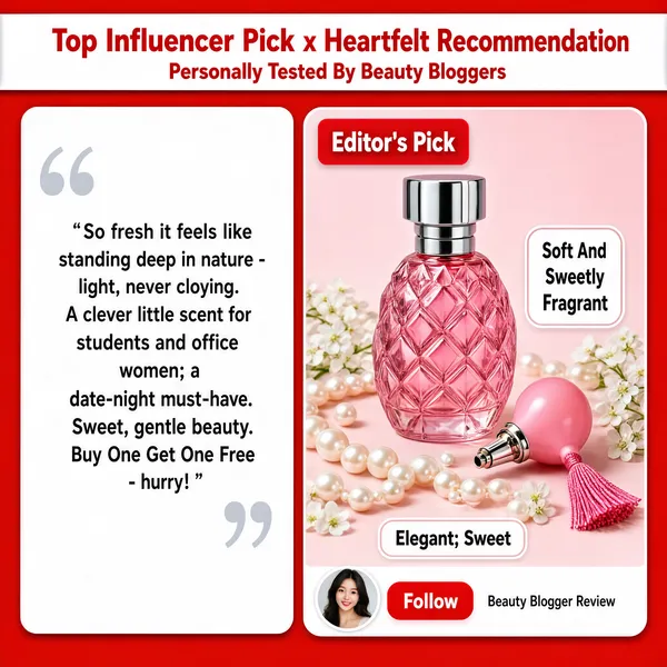 [Format]
Professional e-commerce product main image, square 1:1, social-media influencer-recommendation card style with bright red framing.

[Colors]
Vivid red background in the #f0142d range, large white content cards, soft pink product photography with pearls and blossoms, grey review body text; no frame border.

[Layout]
A white ribbon banner runs across the top edge; below it a tall white review card fills the left two-thirds and a square product photo card sits on the right; a small reviewer row closes the bottom of the photo card.

[Subject]
Right card: a faceted pink-glass perfume bottle cut like a pineapple with a silver cap, a pink tasselled atomizer bulb lying beside it, pearl strands draped in front and small white blossoms scattered across a pale pink set.

[Headline]
Top banner: "Top Influencer Pick x Heartfelt Recommendation" in bold red on white, with a smaller line "Personally Tested By Beauty Bloggers" beneath; inside the white card a grey quotation-mark motif frames review copy reading "So fresh it feels like standing deep in nature - light, never cloying. A clever little scent for students and office women; a date-night must-have. Sweet, gentle beauty. Buy One Get One Free - hurry!"; the photo card carries three small white callout labels: "Editor's Pick", "Soft And Sweetly Fragrant", "Elegant; Sweet"; the reviewer row shows a tiny avatar, a red "Follow" button and one caption line.

[Mood]
Bubbly influencer-review energy; saturated red frame, scrapbook card layering, girly pink product glow.