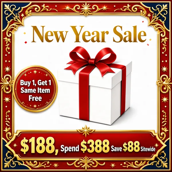[Format]
Professional e-commerce product main image, square 1:1, holiday gift icon featuring a white gift box with a ribbon bow inside an ornate red and blue festive border.
[Colors]
Classic red and gold festive palette, navy corner accents, clean white gift box, red offer banner at the bottom.
[Layout]
Decorative border framing the canvas, red medallion badge on the left, large gold price and offer banner along the bottom.
[Subject]
One minimal white gift box with a soft bow, kept clean as a universal holiday-sale graphic.
[Headline]
"New Year Sale".
[Badges]
Round badge reading "Buy 1, Get 1 Same Item Free" and a bottom banner reading "$188, Spend $388 Save $88 Sitewide".
[Mood]
Festive, generous and celebratory, New Year promotion energy.