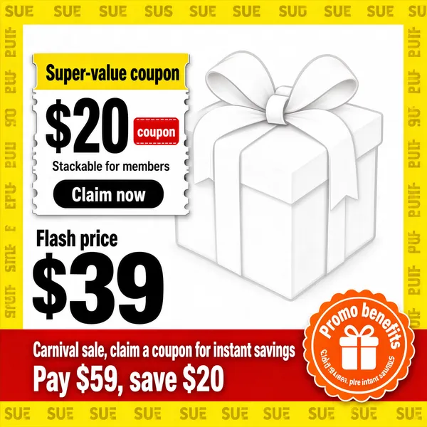 [Format]
Professional e-commerce product main image, square 1:1, festive mall-wide promotion style.
[Colors]
Bright yellow frame zone #f7b500 around all four edges filled with faint repeated logo lettering; a clean white centre panel; a red banner strip and black price accents; an orange stamp.
[Layout]
A thick yellow border wraps the whole square; inside, a ghosted white gift box fills the middle; a coupon badge on the left; a red banner strip across the bottom quarter; a round stamp at the bottom right.
[Subject]
No real product and no people — a tone-on-tone white gift box with a large ribbon bow is ghost-printed in the centre as a blank placeholder for any merchandise; everything else is promo graphics.
[Headline]
Left: a white coupon ticket with a yellow header "Super-value coupon", an oversized dark "$20" with a small red chip "coupon", a grey line "Stackable for members" and a black pill "Claim now". Bottom left: "Flash price" over an enormous black "$39". Red bottom banner with white bold caps: "Carnival sale, claim a coupon for instant savings" and "Pay $59, save $20".
[Badges]
Bottom right, an orange circular seal with a scalloped edge reading "Promo benefits" around a small gift icon.
[Mood]
Loud, cheerful and sale-driven; saturated yellow-and-red retail burst with huge numerals, instant-urgency energy.