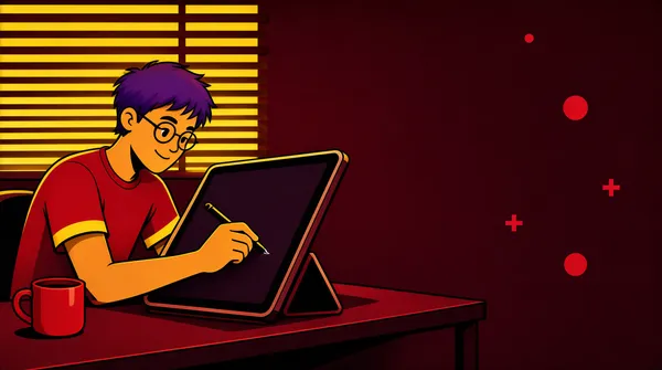 [Format]
Landscape 16:9 gig cover, flat vector illustration with strong chiaroscuro lighting and saturated accent colors. Cinematic night-desk mood, no watermark, no personal names.

[Layout]
A young man sits at a desk on the left half of the frame, working on a large tilted drawing display/tablet. Behind him, horizontal window blinds cast bright yellow stripes across the dark red wall. The right half of the frame is mostly empty dark space with a few small floating red circles and plus signs, giving the composition breathing room.

[Subject]
A young cartoon man with purple-tinted hair and round glasses, wearing a red t-shirt with a yellow sleeve stripe, sits slightly turned toward a large display tablet. He smiles and uses a stylus on the screen. A red coffee cup sits on the desk to his left.

[Headline]
none — typographic only

[Badges]
none

[Mood]
Deep maroon, rich red, and warm yellow light stripes create a focused, late-night creative mood. The strong contrast and limited palette make the workspace pop at thumbnail size.
