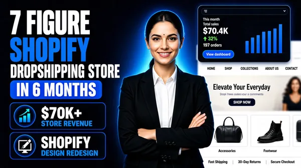 [Format]
Professional Fiverr gig cover, landscape 16:9 banner. Dark, data-driven SaaS advertising style lit with electric blue. No watermark, no personal names.

[Layout]
A near-black navy background washed with a soft blue glow behind the subject and a large out-of-focus blue interface panel filling the right-hand side. The left half is a clean column of typography; the right half is the subject plus a floating analytics card and a blurred storefront scrolling behind her.

[Subject]
Right of centre: a young white / Caucasian woman with dark hair pulled back, a small bindi, wearing a black tailored blazer over a white button-up shirt, arms folded, waist-up, smiling confidently at the camera. Cool blue rim light separates her from the dark ground.

[Headline]
Stacked on the left: "7 FIGURE" in very heavy white condensed caps; "SHOPIFY" in very heavy electric-blue condensed caps; "DROPSHIPPING STORE" in heavy white condensed caps and slightly smaller; then a blue rounded slab containing "IN 6 MONTHS" in heavy white caps.

[Badges]
Two stacked rounded blue-black cards below the headline, each with a circular blue icon on the left and two lines of text on the right. Card one: a rising bar-chart icon, then "$70K+" in large white bold with "STORE REVENUE" in smaller blue caps beneath. Card two: a pen-on-monitor icon, then "SHOPIFY" in large white bold with "DESIGN REDESIGN" in smaller blue caps beneath.

[Devices]
Top-right: a floating dark analytics panel with a "This month" dropdown, the label "Total sales", the figure "$70.4K" with a small green up-arrow and "32%", a line reading "197 orders", a blue pill button "View dashboard", and a blue bar chart with a faint hour axis along the bottom. Behind and below it, heavily blurred and partially cut off, a light e-commerce storefront scrolls past with a "HOME SHOP COLLECTIONS ABOUT US CONTACT" navigation bar, a hero panel reading "Elevate Your Everyday" with a "SHOP NOW" button, a product grid including a dark holdall and a black boot labelled "Accessories" and "Footwear", and a bottom trust strip reading "Fast Shipping", "30-Day Returns" and "Secure Checkout".

[Mood]
Sharp, revenue-focused and premium-technical; black ground with electric-blue accents, oversized condensed type, hard proof numbers.
