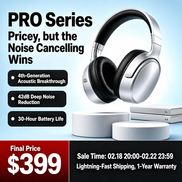 [Format]
Professional e-commerce product main image, square 1:1, clean premium-audio advertising style with soft studio gradients and crisp product rendering.

[Colors]
A light ice-blue studio background (#cfe0ec range) brightening behind white round pedestal blocks at the right, with a dark charcoal band at the very bottom. Accents are silver-white, black and deep red. No frame border.

[Layout]
The headline stack fills the upper left; the silver headphones dominate the right half, floating above white circular pedestals with a slim book stack behind. Three charcoal feature pills run down the left, and a two-part bottom bar carries price and service copy.

[Subject]
No people. A pair of silver-white over-ear wireless headphones with black padded earcups and a black cushioned headband, shown at a floating three-quarter angle with soft reflections, next to two white books with faint spine lettering.

[Headline]
Upper left: "PRO Series" in very heavy black caps, then "Pricey, but the Noise Cancelling Wins" in heavy black caps beneath. Three dark charcoal pills with white text and small dots: "4th-Generation Acoustic Breakthrough", "42dB Deep Noise Reduction", "30-Hour Battery Life". Bottom: a red gradient tab with small white text "Final Price" over "$399" in enormous white numerals; right side on charcoal: small white caps "Sale Time: 02.18 20:00-02.22 23:59" above bold white "Lightning-Fast Shipping, 1-Year Warranty".

[Mood]
Refined, minimal and audiophile-clean; icy silver-blue studio calm with punchy red price impact.