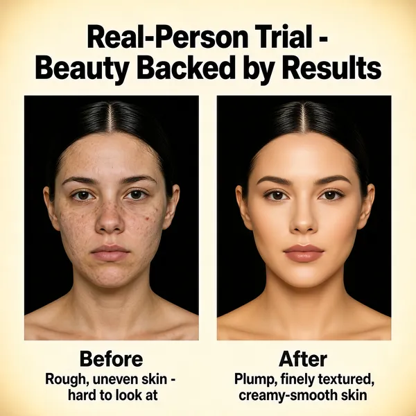 [Format]
Professional e-commerce product main image, square 1:1, before-and-after beauty proof style. A warm cream ground with a symmetrical two-portrait comparison.

[Colors]
Background a soft warm cream around #f7ead9 with a light vignette. Two near-black photo panels sit side by side; skin tones warm, captions in charcoal grey. No frame border.

[Layout]
A bold two-line title crosses the top. Below, two tall portrait photographs sit side by side with equal margins, each followed by a caption block: a heavy label line reading "before" / "after" and a lighter descriptive line beneath it.

[Subject]
Two studio portraits of the same young white / Caucasian woman with sleek centre-parted black hair pulled back, facing the camera with a neutral expression and bare shoulders. Left portrait: bare skin with visible texture and small blemishes under flat even light. Right portrait: the same face wearing polished foundation - an even luminous complexion, softly defined eyes and a rose-nude lip in a warmer glow. No other people.

[Headline]
Top, heavy black characters: "Real-Person Trial - Beauty Backed by Results". Under the left photo: "Before" with the line "Rough, uneven skin - hard to look at". Under the right photo: "After" with "Plump, finely textured, creamy-smooth skin".

[Mood]
Clinical yet glamorous; twin dark portraits on cream ground form a credible side-by-side demonstration of foundation coverage.