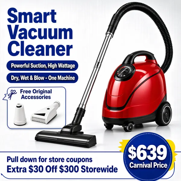 [Format]
Professional e-commerce product main image, square 1:1, energetic home-appliance advertising style with bold blue feature pills and a vivid red hero product.

[Colors]
Bright white-to-grey studio background #f2f3f5 with soft floor shadow; the canister vacuum reads glossy red #d8232a with black hose and chrome wand; primary accent deep blue #2b4ea2 for feature pills and headline; yellow price highlights. No frame border.

[Layout]
Headline and two blue pills stack at the top-left; the vacuum stands centre-right with its hose arcing overhead; a gift panel with accessory photos sits mid-left; blue text lines and a blue price circle fill the bottom band.

[Subject]
A red canister vacuum cleaner with a black flexible hose, telescopic chrome wand and low floor head, rolling wheels and control dial on the body, shown fully assembled at a dynamic angle on a light floor. A small inset card shows two white plastic accessory attachments. No people.

[Headline]
Top-left, "Smart Vacuum Cleaner" in very large heavy blue display type; below, two solid blue rounded pills in white text: "Powerful Suction, High Wattage" and "Dry, Wet & Blow - One Machine". A blue-outlined gift tag reads "Free Original Accessories". Bottom, blue lines "Pull down for store coupons" and "Extra $30 Off $300 Storewide" beside a blue circle with a huge white "$639" and small "Carnival Price".

[Badges]
No badges.

[Mood]
Lively, capable and value-forward; clean studio whites with confident blue graphics and a red hero machine.