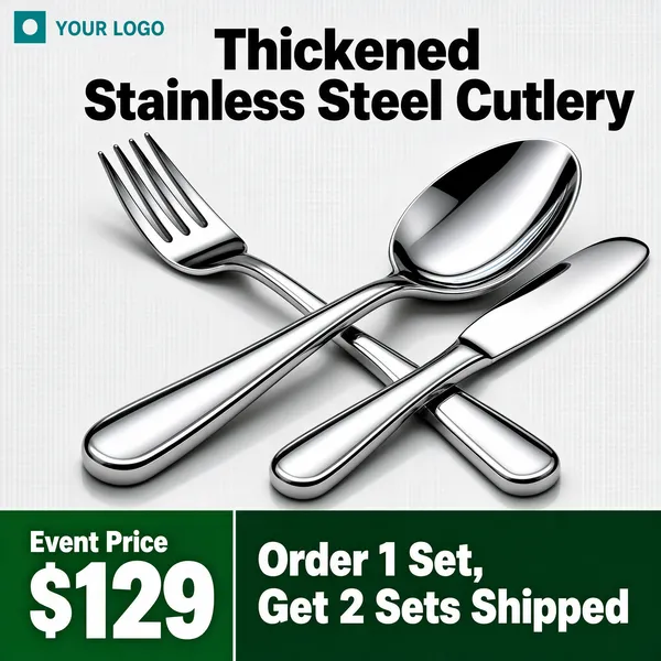 [Format]
Professional e-commerce product main image, square 1:1, minimal light studio cutlery style with a dark green offer band.

[Colors]
A seamless light grey background (#ededed); mirror-polished silver cutlery; the bottom band split between a deep green price tile (#2c7a55) and a darker green claim panel (#1d5c43) with white type. No frame border.

[Layout]
The headline runs across the top; the cutlery cluster dominates the centre at a playful crossing angle; the bottom fifth is a full-width band, the left third a green price tile, the rest a dark green strip carrying the bonus offer.

[Subject]
No people. A large polished stainless-steel tablespoon lies diagonally across the front with a four-tine dinner fork and a table knife crossed behind it, all in bright mirror finish with soft studio reflections and delicate highlights running along the handles.

[Headline]
Top-left: a small teal placeholder mark with "YOUR LOGO" beside it. Top centre: "Thickened Stainless Steel Cutlery" in very heavy black sans-serif. Bottom-left green tile: "Event Price" in small white over a huge "$129". Bottom-right: "Order 1 Set, Get 2 Sets Shipped" in bold white.

[Badges]
No badges; the placeholder logo mark at the top-left is the only header element.

[Mood]
Clean, premium and offer-led; airy grey studio light with mirror chrome and a confident green price bar.