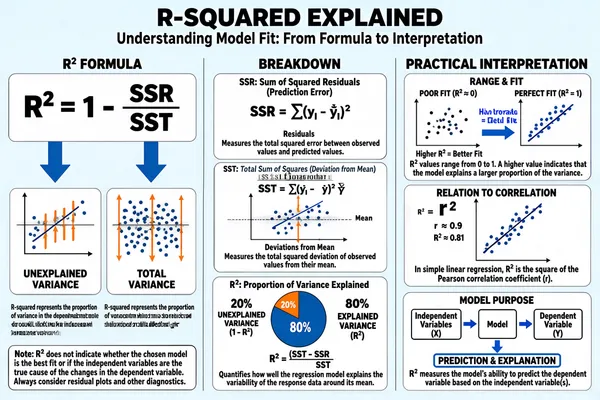 The infographic titled "R-SQUARED EXPLAINED" with the subtitle "Understanding Model Fit: From Formula to Interpretation" is structured into three main vertical columns: "R² FORMULA", "BREAKDOWN", and "PRACTICAL INTERPRETATION". The overall design uses a clean, professional layout with a light blue background, black text for headings and key formulas, and blue arrows and icons for visual guidance. Each section is separated by thin vertical lines, and sub-sections are enclosed in rounded rectangular boxes with light gray borders. **Column 1: R² FORMULA** This column presents the core formula for R-squared: **R² = 1 - (SSR / SST)** Two large blue arrows point downward from the fraction SSR/SST to two labeled diagrams below: - Left arrow points to "UNEXPLAINED VARIANCE", illustrated by a scatter plot with a regression line and vertical orange lines (residuals) between data points and the line. - Right arrow points to "TOTAL VARIANCE", depicted as a cloud with upward and downward orange arrows indicating deviations from a horizontal mean line. Below these visuals, two identical paragraphs state: "R-squared represents the proportion of variance in the dependent variable that is predictable from the independent variable(s)." At the bottom of this column, a note reads: "Note: R² does not indicate whether the chosen model is the best fit or if the independent variables are the true cause of the changes in the dependent variable. Always consider residual plots and other diagnostics." **Column 2: BREAKDOWN** This column contains three subsections: 1. **SSR: Sum of Squared Residuals (Prediction Error)** - Formula: **SSR = Σ(yᵢ - ŷᵢ)²** - Visual: A scatter plot with a regression line and vertical orange lines labeled "Residuals" connecting observed data points to the predicted values on the line. - Description: "Measures the total squared error between observed values and predicted values." 2. **SST: Total Sum of Squares (Deviation from Mean)** - Formula: **SST = Σ(yᵢ - ȳ)²** - Visual: A scatter plot with a regression line and dashed horizontal line labeled "ȳ" (mean). Vertical orange lines labeled "Deviations from Mean" connect data points to the mean line. - Description: "Measures the total squared deviation of observed values from their mean." 3. **R²: Proportion of Variance Explained** - Visual: A pie chart divided into two segments: - Orange segment: 20%, labeled "UNEXPLAINED VARIANCE (1 - R²)" - Blue segment: 80%, labeled "EXPLAINED VARIANCE (R²)" - Alternative formula: **R² = (SST - SSR) / SST** - Description: "Quantifies how well the regression model explains the variability of the response data around its mean." **Column 3: PRACTICAL INTERPRETATION** This column includes three subsections: 1. **RANGE & FIT** - Visual: Two scatter plots side-by-side. - Left: Scattered points with no clear trend, labeled "POOR FIT (R² ≈ 0)". - Right: Points closely aligned along a diagonal line, labeled "PERFECT FIT (R² = 1)". - Arrow between them labeled "Higher R² = Better Fit". - Text: "R² values range from 0 to 1. A higher value indicates that the model explains a larger proportion of the variance." 2. **RELATION TO CORRELATION** - Formula: **R² = r²** - Visual: Scatter plot with points forming a strong positive linear trend, regression line, and labels: - "r ≈ 0.9" - "R² ≈ 0.81" - Text: "In simple linear regression, R² is the square of the Pearson correlation coefficient (r)." 3. **MODEL PURPOSE** - Visual: Flowchart with three boxes connected by arrows: - "Independent Variables (X)" → "Model" → "Dependent Variable (Y)" - Downward arrow from "Model" to "PREDICTION & EXPLANATION" - Text: "R² measures the model's ability to predict the dependent variable based on the independent variable(s)." The infographic uses consistent visual encoding: blue for explained variance and model components, orange for residuals and unexplained variance, and gray for mean lines and background elements. All mathematical symbols and Greek letters (e.g., Σ, yᵢ, ŷᵢ, ȳ, r) are rendered clearly. The content is educational, aimed at helping users understand R-squared from both mathematical and conceptual perspectives.