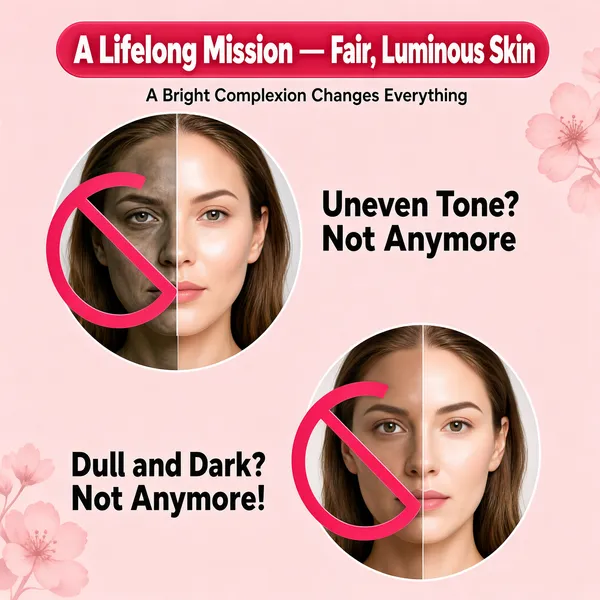 [Format]
Professional e-commerce product main image, square 1:1, beauty-comparison style with circular face crops and playful pink prohibition graphics.

[Colors]
A soft pink field (#f9dee4 range) with faint blossom watermarks at the corners; accents in rose-pink pills, crimson prohibition symbols and dark type. No frame border.

[Layout]
A rounded rose-pink pill headline sits at the very top with a small sub-line beneath; two large circular portrait crops are staggered diagonally — upper-left and lower-right — each with a bold caption beside it; generous pink space between the circles.

[Subject]
Two circular close-up portraits of a white / Caucasian woman's face, each split down the middle into a dull uneven half and a smooth bright half, with a bold pink prohibition circle-and-slash stamped across the duller half; clean retouched studio skin, neutral expressions. No other people or props.

[Headline]
Rose pill at top: "A Lifelong Mission — Fair, Luminous Skin" in white bold; sub-line "A Bright Complexion Changes Everything" in grey. Right of the upper circle: "Uneven Tone? Not Anymore" in dark bold. Left of the lower circle: "Dull and Dark? Not Anymore!" in dark bold.

[Mood]
Cheeky, persuasive beauty-counter energy; soft pinks with punchy before-and-after contrast.