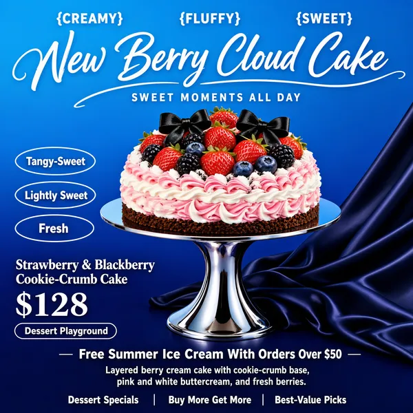[Format]
Professional e-commerce product main image, square 1:1, elegant dessert-poster style with a tall blue gradient and airy script typography.

[Colors]
Background is a vertical gradient from vivid sky blue (#2f6fd8) at the top to deep indigo (#1a2f8a) at the bottom; type is white; the cake plate is mirror-polished chrome; a dark navy satin cloth spills from the right; small pills are thin white outlines. No frame border.

[Layout]
Three small bracketed words sit across the top edge; a large handwritten headline sweeps across the upper third with a fine script underline flourish; the cake stands centre on a tall chrome pedestal; three outlined oval pills stack down the left side; product name and price anchor the lower left; a service line and footer rows close the bottom edge.

[Subject]
No people. A round strawberry-and-berry cream cake with a dark cookie crumb base, swirled pink and white buttercream rosettes, crowned with fresh strawberries, blackberries, blueberries and two small black bow decorations, presented on a curvy mirror-chrome cake stand against the blue backdrop.

[Headline]
Top row in white serif caps inside braces: "{CREAMY}", "{FLUFFY}", "{SWEET}". Main headline in flowing white handwritten script: "New Berry Cloud Cake", with a letterspaced caps line beneath: "SWEET MOMENTS ALL DAY". Left pills read "Tangy-Sweet", "Lightly Sweet", "Fresh". Lower left: "Strawberry & Blackberry" in white, "Cookie-Crumb Cake" below, then a large serif "$128". A pill badge reads "Dessert Playground". Bottom line: "Free Summer Ice Cream With Orders Over $50", above a small white text block describing the layered cake, and a final footer row: "Dessert Specials | Buy More Get More | Best-Value Picks".

[Mood]
Romantic, airy and indulgent; a berry cake glowing under deep blue stage light with graceful script flourishes.