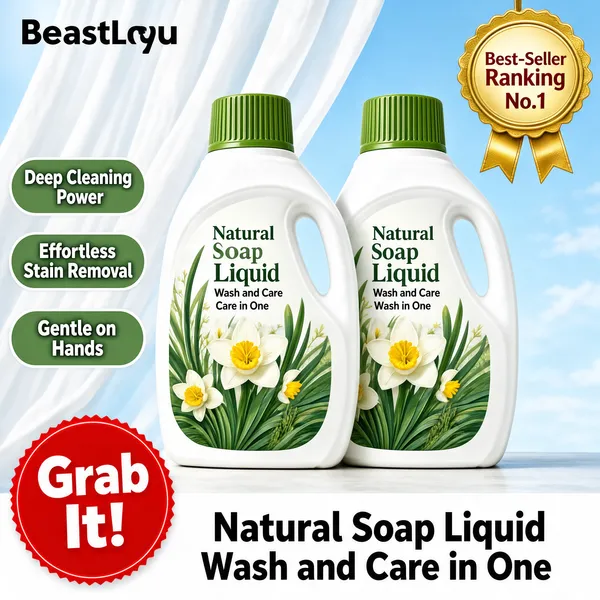[Format] Professional e-commerce product main image, square 1:1, fresh botanical laundry-care duo on a breezy backdrop. [Colors] Soft sky blue and white curtain light (#dceaf2 range); white bottles with grass-green caps and a green floral label (#7fb84a); sage-green claim pills; a red-gold bestseller rosette; a red circled burst at bottom-left and a white footer band with black text. No frame border. [Layout] A logo bar sits top-left. Three green claim pills stack down the left edge. The two bottles stand side by side at center, slightly overlapping. A gold rosette hangs upper-right. A red round burst sits at the lower-left corner over a white band spanning the bottom. [Subject] Two large white laundry detergent bottles with ribbed grass-green caps and elegant narcissus-flower labels, standing shoulder to shoulder with a soft sheen on their curved shoulders. [Headline] The white footer band states Natural Soap Liquid, Wash and Care in One, in confident black type. [Badges] Three sage-green pills read Deep Cleaning Power, Effortless Stain Removal and Gentle on Hands. A gold rosette declares Best-Seller Ranking No.1, and a red circular burst shouts Grab It! in white. [Mood] Fresh, floral and homely, a clean-cotton morning breeze with a proud bestseller swagger.