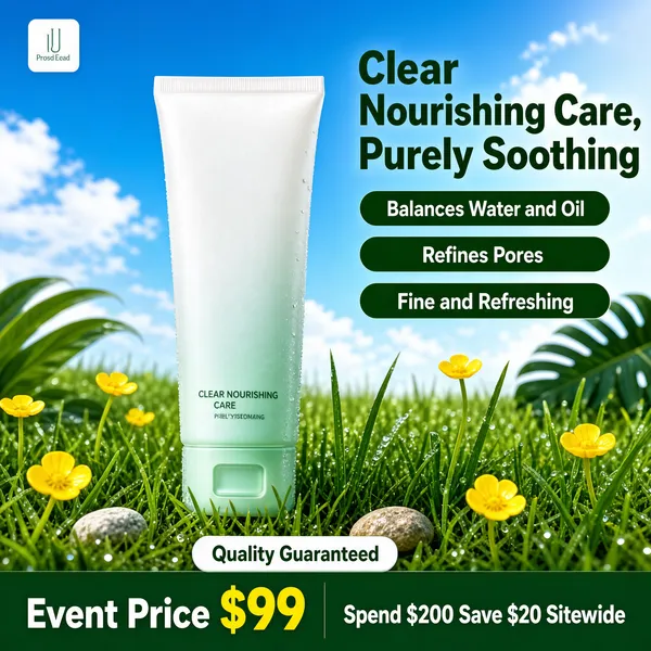 [Format] Professional e-commerce product main image, square 1:1, fresh outdoor skincare scene with photographic depth. [Colors] Background of vivid blue sky with soft clouds above a lush green lawn dotted with yellow buttercups and tropical leaves, primary accent of pale mint-green packaging (#cfe8dc), a deep green base bar and pill accents (#1d7a3e). No frame border. [Layout] A small white logo chip top left; the product tube stands centered on the grass at mid-height; right-aligned dark green headline sits at the upper right with three green claim pills stacked beneath it; bottom carries a white 'quality' tab and a full-width green bar with price and promotion split left and right. [Subject] A tall frosted plastic cosmetic tube in a white-to-mint gradient finish with a flip cap, standing upright among real grass blades and small stones. [Headline] Right-aligned bold characters 'Clear Nourishing Care, Purely Soothing' in deep green; claim pills read 'Balances Water and Oil', 'Refines Pores', 'Fine and Refreshing'; a small white tab above the base bar says 'Quality Guaranteed'; green base bar shows 'Event Price $99' in white-and-yellow and 'Spend $200 Save $20 Sitewide' in white. [Mood] Crisp, clean and revitalizing, evoking morning dew on a summer lawn.