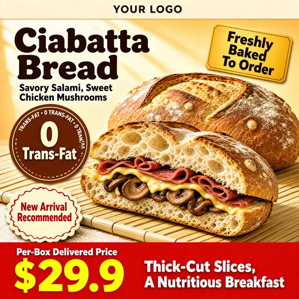 [Format]
Professional e-commerce product main image, square 1:1, warm bakery-counter style with sunny backlighting and a breakfast price banner.

[Colors]
Background is a warm cream-to-honey gradient (#f2e2c4) with soft window light rays from the upper left; the bread is golden tan with floury highlights; the round badge is caramel brown with cream type; the scalloped badge is cream with red lettering; the bottom band is bright red (#e03424) with white and yellow type; headline type is deep espresso brown. No frame border.

[Layout]
A slim cream logo strip runs across the top; the big headline sits upper-left with a dark sub-line beneath it; a round ingredient badge overlaps the left middle; a small scalloped "New" badge sits lower-left; the breads fill the centre and right on a pale bamboo mat; a red banner anchors the bottom edge.

[Subject]
No people. Two rustic ciabatta loaves with blistered, flour-dusted crusts, one whole behind and one cut open in front revealing an airy open crumb stuffed with folded salami slices, melted cheese and braised mushroom filling; soft golden light rakes across the crust from the upper left.

[Headline]
Top strip: "YOUR LOGO" in brown caps. Main headline in very heavy dark-brown rounded display type: "Ciabatta Bread", with the sub-line "Savory Salami, Sweet Chicken Mushrooms". A tilted golden tag near the right reads "Freshly Baked To Order".

[Badges]
A round brown badge on the left reads "0 Trans-Fat" with a ring of small text; a scalloped cream seal lower-left reads "New Arrival Recommended"; the bottom red band shows "Per-Box Delivered Price" above a huge yellow "$29.9" and bold white "Thick-Cut Slices, A Nutritious Breakfast".

[Mood]
Warm, appetizing and homely; honeyed bakery light with confident red promo framing.