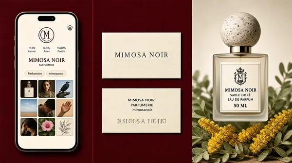 [Format]
Landscape 16:9 gig cover, high-end fragrance identity presentation on a deep burgundy ground. Soft studio light, fine paper texture, shallow depth of field on the product shot. No watermark, no personal names.

[Layout]
Three vertical columns divided by wide burgundy gutters, unequal in width: the left column of roughly 30 percent holds one tall phone-screen mockup with softly rounded corners, the centre column of roughly 22 percent holds two stacked cream business cards with a generous gap, and the right column of roughly 48 percent is a single edge-to-edge photographic product panel. The phone screen is a light social-profile page: a top bar with a small round avatar and a gear icon, a circular monogram, a three-figure stats row, a two-word brand line, a pair of pill buttons, a row of three flower thumbnails with tiny labels, then a 3x3 grid of square image tiles — perfume bottle, close-up face, bird in flight, sky, a hand over sand, a bowed head, leaves, a pink bloom and a scribbled sketch. The two cream cards sit level with the middle of the phone, the upper one embossed with a wordmark, the lower one carrying three small centred lines of placeholder contact type above an upside-down embossed wordmark.

[Subject]
None — no people in the frame. The right panel is a frosted-glass perfume flacon with a speckled pale-stone spherical cap, floating above dried mimosa sprigs and soft green foliage, lit from the left with a faint shadow falling right. A small embossed crest and a tiny wordmark sit on the flacon label.

[Headline]
On the phone, a short two-word brand name in spaced serif caps sits above the buttons. On the flacon label, a short serif wordmark, then a two-word scent name, then EAU DE PARFUM and a small volume line, all centred. Card type is small, centred and grey.

[Badges]
None.

[Mood]
Oxblood burgundy, cream and soft sage with a bright mimosa-yellow accent; quiet, editorial and expensive. At thumbnail size the dark ground and the three-column rhythm read as a calm luxury perfume case study.