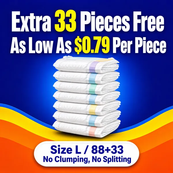 [Format]
Professional e-commerce product main image, square 1:1, bold value-promo diaper style with saturated primaries.

[Colors]
Deep royal-blue background (#1743c6) brightening behind the headline; a giant orange and yellow curved wave sweeps across the lower third; white and yellow type accents. No frame border.

[Layout]
Headline fills the top half in two stacked lines; a tall stack of folded diapers occupies the centre; the orange wave with a thin blue outline crosses behind the bottom of the stack; a white pill badge sits at the lower centre.

[Subject]
No people. A tall stack of white disposable diapers with pastel colored waistband edges peeking out, softly folded texture visible, floating above the orange wave with a gentle shadow.

[Headline]
Line one huge white bold characters with the numerals in yellow: "Extra 33 Pieces Free"; line two white with yellow numerals: "As Low As $0.79 Per Piece". A white rounded pill at the bottom carries blue text "Size L / 88+33" followed by more blue text "No Clumping, No Splitting".

[Badges]
No separate badge row; the pill and price lines carry the claims.

[Mood]
Loud, value-forward and reassuring; saturated blue with hot orange-yellow energy, oversized numerals for instant readability at thumbnail size.