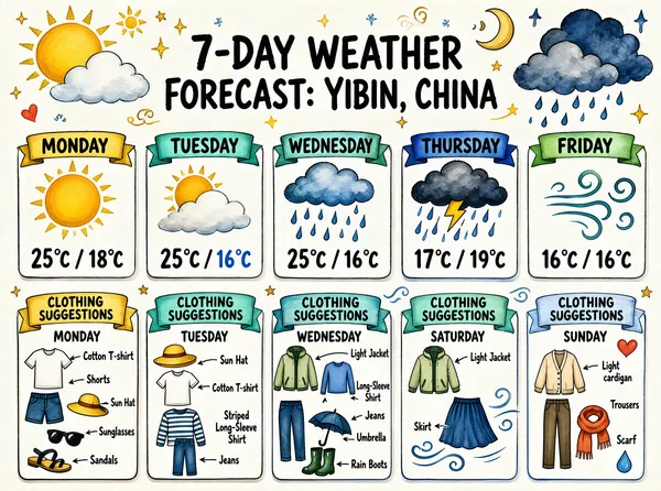 This infographic presents a 7-day weather forecast for Yibin, China, rendered in a charming, hand-drawn, watercolor-inspired illustration style. The layout is organized into two horizontal rows of five rectangular panels each, corresponding to the days Monday through Friday in the top row, and Saturday and Sunday (with clothing suggestions) in the bottom row. Each panel features a decorative banner at the top with the day’s name in bold, black, uppercase letters on a colored ribbon background (e.g., mustard yellow for Monday, teal for Tuesday, etc.). The overall design includes whimsical elements such as stars, hearts, raindrops, and swirls, contributing to a cheerful and approachable aesthetic. The title, “7-DAY WEATHER FORECAST: YIBIN, CHINA,” is prominently displayed at the top center in large, bold, black capital letters, flanked by decorative icons: a sun partially covered by a cloud on the left and a crescent moon behind rain clouds on the right. Below the title, small golden sunbursts add visual flair. Each day’s panel displays: - A large weather icon (sun, partly cloudy, rain, thunderstorm, wind, etc.) - High and low temperatures in Celsius, formatted as “X°C / Y°C” in bold black and blue text. **Daily Weather Data:** - **Monday**: Sunny icon; 25°C / 18°C - **Tuesday**: Partly cloudy icon; 25°C / 16°C - **Wednesday**: Rainy cloud icon; 25°C / 16°C - **Thursday**: Thunderstorm icon (cloud with lightning bolt and rain); 17°C / 19°C - **Friday**: Windy cloud icon (cloud with swirling wind lines); 16°C / 16°C Below these, the second row contains clothing suggestion panels for each day, labeled “CLOTHING SUGGESTIONS” on a matching-colored banner. These panels illustrate recommended attire with detailed drawings and labels pointing to each item. **Clothing Suggestions:** - **Monday**: Cotton T-shirt, Shorts, Sun Hat, Sunglasses, Sandals - **Tuesday**: Sun Hat, Cotton T-shirt, Striped Long-Sleeve Shirt, Jeans - **Wednesday**: Light Jacket, Long-Sleeve Shirt, Jeans, Umbrella, Rain Boots - **Saturday**: Light Jacket, Skirt (illustrated with wind swirls), no explicit temperature shown but implied from prior trend - **Sunday**: Light cardigan, Trousers, Scarf (illustrated with heart and droplet symbols) Note: While Saturday and Sunday are included in the bottom row, only Saturday has a weather icon (windy cloud), while Sunday lacks a weather icon and temperature data. The clothing suggestions for both days are provided, suggesting the forecast may be incomplete or stylized. The infographic uses color coding consistently: warm tones (yellow, orange) for sunny days, cool tones (blue, green) for rainy or cooler days. Visual cues like raindrops around Wednesday’s panel and wind swirls around Friday and Saturday reinforce the weather conditions. Arrows point from labels to specific clothing items, enhancing clarity. All textual content is in English, with no non-English terms visible. The primary language is clearly English, used throughout the infographic for all titles, labels, and descriptions. In summary, this visually engaging infographic combines meteorological data with practical fashion advice, using an illustrative, playful design to communicate the 7-day forecast for Yibin, China, with emphasis on daily weather conditions, temperature ranges, and appropriate attire.