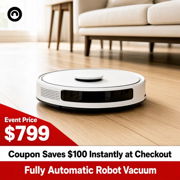 [Format] Professional e-commerce product main image, square 1:1, lifestyle low-angle home shot with price footer.
[Colors] Pale oak flooring in #d8c09a washed with soft daylight, a matte white appliance shell with a glossy dark sensor strip, one strong red promo band and charcoal type on white; no frame border.
[Layout] A small black logo disc sits top-left; the vacuum glides across the lower middle with blurred furniture legs behind; a red price ribbon rises from the bottom-left corner; a white value line and a red descriptor band stack along the bottom edge.
[Subject] A low-profile white robot vacuum in three-quarter view, its glossy black sensor window and perforated speaker grille clearly visible as it cleans the light hardwood floor beside a sofa.
[Headline] The red corner ribbon shows Event Price followed by $799 in oversized white numerals; the white strip reads Coupon Saves $100 Instantly at Checkout in heavy charcoal; the red band names the product Fully Automatic Robot Vacuum in white.
[Mood] Bright, calm and quietly hardworking, letting the freshly cleaned floor and soft daylight do all the talking.
