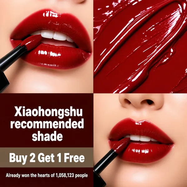 [Format]
Professional e-commerce product main image, square 1:1, bold four-panel beauty collage advertising style with high-gloss lip colour.

[Colors]
A tight four-tile grid: two close-up tiles of glossy red lips and deep red lipstick texture, plus two text tiles in dark red and taupe brown; vivid crimson (#c01f2e range) dominates throughout. No frame border.

[Layout]
Upper-left tile: an extreme close-up of a mouth being painted red with a doe-foot applicator. Upper-right tile: a macro of shiny red liquid-lipstick smear. Lower-left tile: a dark red text panel with a taupe strip beneath. Lower-right tile: another lip close-up with the wand touching the lips, cropped at the nose.

[Subject]
Fair-skinned lips painted in ultra-glossy saturated red, slightly parted with white teeth visible, a black doe-foot wand applying the colour; beside it a macro smear of wet red gloss texture with bright specular highlights; beauty-editorial macro photography.

[Headline]
Dark red panel: "Xiaohongshu recommended shade" in bold white characters. Taupe strip: "Buy 2 Get 1 Free" in large white characters. Small line beneath: "Already won the hearts of 1,058,123 people" in tiny white text.

[Badges]
No badges; the text panel carries all claims.

[Mood]
Sensual, high-impact and trend-forward; glossy crimson macro drama with editorial text blocks, viral-beauty confidence at thumbnail size.