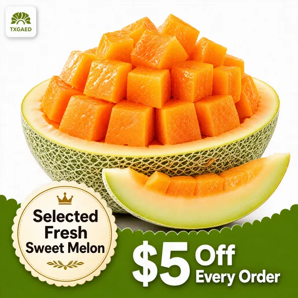 [Format] Professional e-commerce product main image, square 1:1, fresh cut-fruit hero shot with clean graphic base. [Colors] Background of bright white upper field over a wavy leaf-green lower band (#7fae4a to #4c7d33) finished with a fine scalloped edge, primary accent of juicy orange melon cubes and netted pale-green rind, white and gold-brown type. No frame border. [Layout] Small white logo chip top left; the half melon heaped with cubes fills the center with a curved wedge slice in front; a round cream seal with a crown and stacked text sits at lower left overlapping the green band; the bottom band carries a bold white offer line at right. [Subject] A halved netted hami melon with its seed cavity piled high with neat glossy orange melon cubes, plus a long curved slice showing its pale green flesh edge, ultra-fresh and glistening. [Headline] Cream seal reads 'Selected Fresh Sweet Melon' beneath a small gold crown motif; bold white lettering on the green band announces '$5 Off Every Order' with the numeral enlarged for impact. [Mood] Juicy, neat and crave-inducing, ready-to-eat orchard sweetness at its peak.