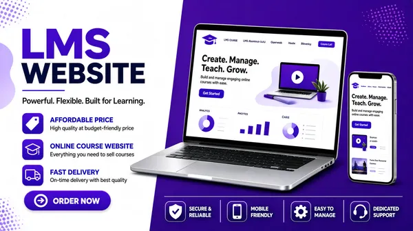 [Format]
Landscape 16:9 gig cover, modern SaaS-style device mockup presentation. Clean vector UI plus soft 3D laptop render, high detail. No watermark, no personal names.

[Layout]
Split background: the left ~55% is white with a large soft violet blob shape and small dotted half-tone clusters in two corners; the right ~45% is solid violet-purple. The right side holds an angled silver laptop showing a course-platform homepage, with a smartphone standing at its right edge showing the same page in mobile form. The left column runs top to bottom: a huge two-line headline, a small tagline over a short underline rule, three icon-plus-text feature rows, and a pill CTA button. A slim strip along the bottom right carries four small icon-plus-label trust items separated by thin vertical dividers.

[Subject]
None — product mockup only, no people.

[Headline]
"LMS" in giant violet extra-bold caps over "WEBSITE" in giant dark-navy extra-bold caps. Beneath, a small grey-and-violet line "Powerful. Flexible. Built for Learning." with a short underline. Three feature rows, each a violet rounded-square icon left of a bold violet title and a small grey sub-line: "AFFORDABLE PRICE / High quality at budget-friendly price", "ONLINE COURSE WEBSITE / Everything you need to sell courses", "FAST DELIVERY / On-time delivery with best quality". Bottom-left: a violet pill button containing a white circled arrow and the words "ORDER NOW".

[Badges]
On the laptop screen: a course dashboard with a small graduation-cap logo, top nav links, the headline "Create. Manage. Teach. Grow.", a small paragraph, and a violet "Get Started" button beside an illustration panel with play button and charts; the phone mirrors the same dashboard. Bottom strip: shield icon "SECURE & RELIABLE", phone icon "MOBILE FRIENDLY", gear icon "EASY TO MANAGE", headset icon "DEDICATED SUPPORT" in tiny bold caps. Dotted clusters decorate the top-left, bottom-left and top-right.

[Mood]
Violet-purple, white and navy; fresh, techy, trustworthy. Strong contrast keeps the layout readable at thumbnail size.