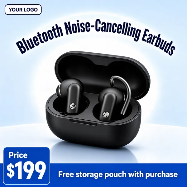 [Format]
Professional e-commerce product main image, square 1:1, clean tech-product style on a soft gradient stage.

[Colors]
Background a light blue-to-white gradient (#cfe0f5 range) with a soft curved glow behind the product; matte-black earbuds and charging case; navy display type; a blue banner along the bottom; no frame border.

[Layout]
The headline arcs across the top-centre; the open charging case sits centre-stage; a blue strip runs along the bottom edge; the price block anchors the bottom-left; a small chip sits top-left.

[Subject]
No people. A matte-black open charging case holding a wireless-earbud pair, one ear hook visible, fine silver mic mesh on the buds, gentle studio reflections pooling under the case.

[Headline]
Top, heavy navy caps with a slight arc: "Bluetooth Noise-Cancelling Earbuds". Bottom-left, a blue panel shows "Price" over a huge white "$199". The bottom blue banner carries white caps: "Free storage pouch with purchase".

[Badges]
A small chip at the top-left carries a "YOUR LOGO" placeholder mark.

[Mood]
Sleek and confident; cool blue minimalism with the black case as a crisp focal hero.