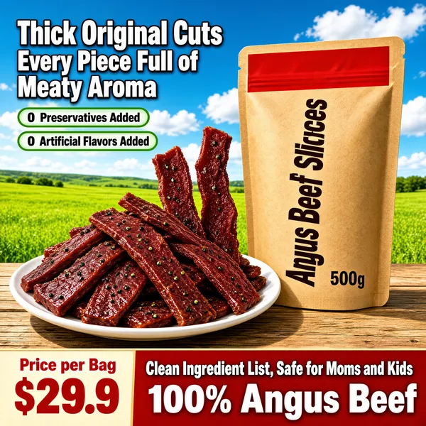[Format]
Professional e-commerce product main image, square 1:1, appetizing outdoor food advertising style with natural daylight and rustic props.

[Colors]
A sunny grassland scene: bright green pasture (#7cb84c range) under a blue sky with soft white clouds, a light wood plank table across the lower third (#d8b184 range). Accents are deep red and kraft brown. No frame border.

[Layout]
The kraft paper pouch stands centre-right; a white plate piled with jerky sits lower-left in front of it. The headline block is upper-left, two check pills beneath it, and a red-and-cream promo band runs along the bottom edge.

[Subject]
No people. A tall kraft-brown stand-up pouch with a red top label and vertical dark lettering reading "Angus Beef Slices" plus a net-weight note "500g", beside a white ceramic plate heaped with glossy dark-red peppered beef jerky pieces, a few strips propped upright against the plate.

[Headline]
Upper left: "Thick Original Cuts" in very heavy white caps with a soft dark outline, then "Every Piece Full of Meaty Aroma" in equally heavy caps below. Under it, two green-outline check pills with white text: "0 Preservatives Added", "0 Artificial Flavors Added". Bottom band: a cream section with small red text "Price per Bag" over "$29.9" in enormous red numerals, and a red section with white bold text "Clean Ingredient List, Safe for Moms and Kids" above "100% Angus Beef" in extra-heavy white caps.

[Mood]
Hearty, rustic and appetite-driven; sunlit pasture freshness with bold red promo confidence.
