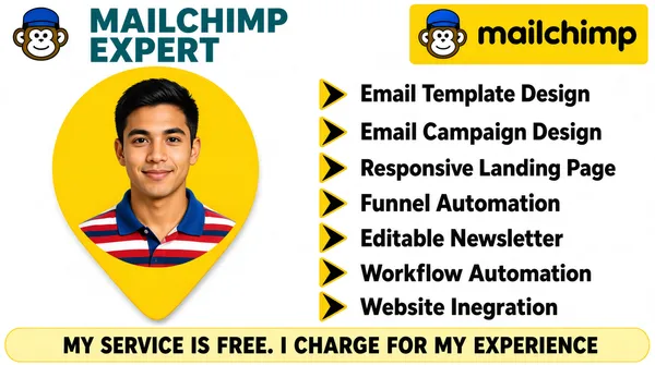 [Format]
Landscape 16:9 gig cover, clean service-flyer style with a white background and flat color blocks. Bright, no watermark, no personal names.

[Layout]
The top band is divided into a left title lockup and a right yellow Mailchimp badge. Below that, the frame is split into a left portrait zone and a right service-list zone. The portrait sits inside a large yellow map-pin circle with a drop tail, centered on the left third. The right two-thirds is a vertical stack of seven service bullets. A pale yellow rounded strip runs across the bottom.

[Subject]
A young man with short dark hair, head-and-shoulders, wearing a red, white and blue striped polo shirt, inside the yellow map-pin circle on the left side, even flat lighting.

[Headline]
Top-left: "MAILCHIMP" in large teal bold sans, then "EXPERT" in matching teal bold sans. Top-right yellow bar contains the black "mailchimp" wordmark with the monkey icon. Right-column bullets each have a small triangular play icon in yellow/black, followed by black sans text: Email Template Design, Email Campaign Design, Responsive Landing Page, Funnel Automation, Editable Newsletter, Workflow Automation, Website Inegration. Bottom strip: "MY SERVICE IS FREE. I CHARGE FOR MY EXPERIENCE" in black bold sans on pale yellow.

[Badges]
Top-left: a Mailchimp monkey head wearing a blue postman cap. Top-right: the Mailchimp monkey icon and black "mailchimp" wordmark on a yellow rectangle.

[Mood]
Bright white, teal and yellow palette; friendly amateur-service flyer feel, text-heavy but readable as a list at thumbnail size.