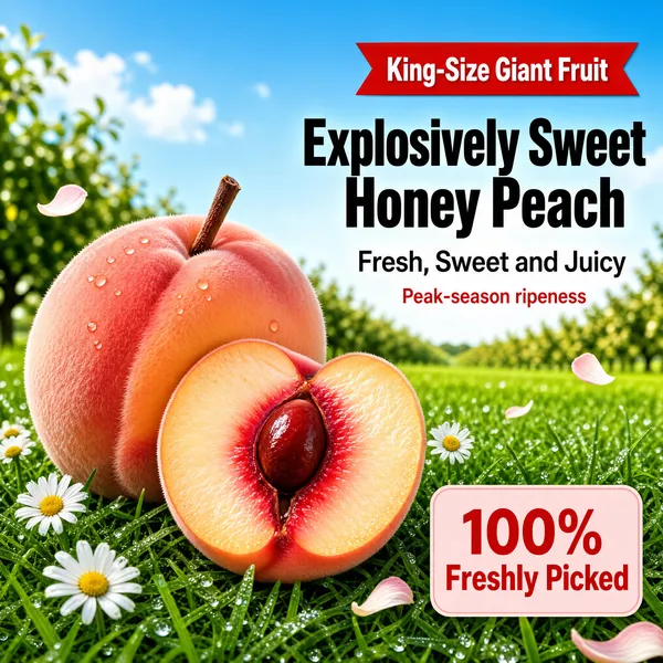 [Format] Professional e-commerce product main image, square 1:1, fresh-picked summer fruit style. [Colors] Clear blue sky with soft clouds above a bright green meadow #7ac142, blush-pink peaches #f2b8a8 with creamy flesh, black headline type, a red ribbon pill, a pink claim box, tiny white daisies, no frame border. [Layout] A red ribbon-shaped pill at the top right, a two-line black headline on the upper right with a small sub-caption, the whole peach and a cut-open peach anchored left on the grass, and a pink rounded box at the lower right. [Subject] One large whole fuzzy peach beside a halved peach showing juicy deep-red flesh around the stone, resting on dewy grass with blurred foliage and petals drifting. [Headline] Explosively Sweet Honey Peach in fat black characters with Fresh, Sweet and Juicy beneath in lighter strokes and a small red caption line; the pink box states 100% Freshly Picked with the percentage in bold red. [Badges] The red ribbon pill at the top declares King-Size Giant Fruit in white letters with a notched ribbon tail. [Mood] Sunny, mouthwatering and orchard-fresh, selling peak-season ripeness at a glance.